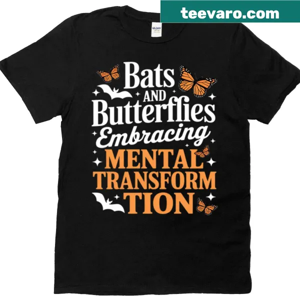 Halloween t-shirt featuring bats and butterflies with mental health theme