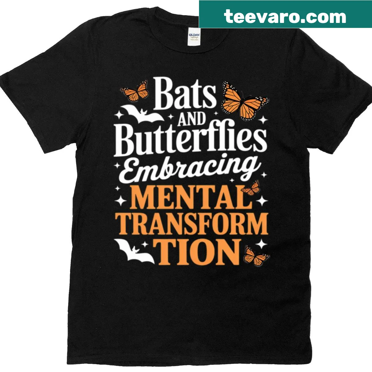 Halloween t-shirt featuring bats and butterflies with mental health theme — on a men's t-shirt