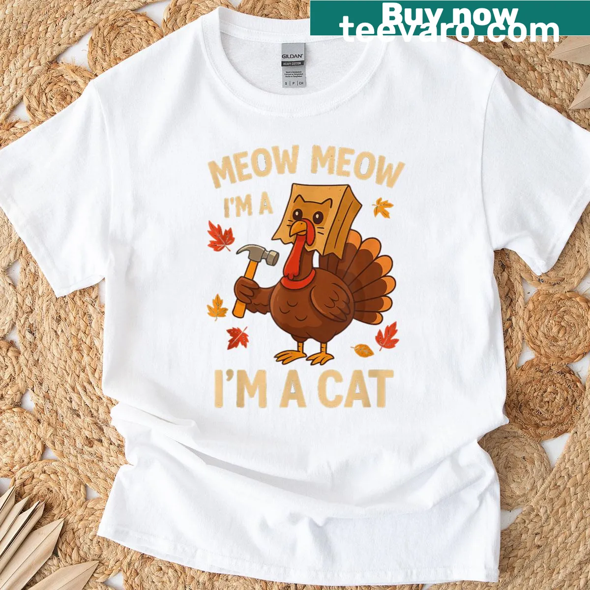 Funny Thanksgiving t-shirt with cat and turkey cartoon — on a men's t-shirt