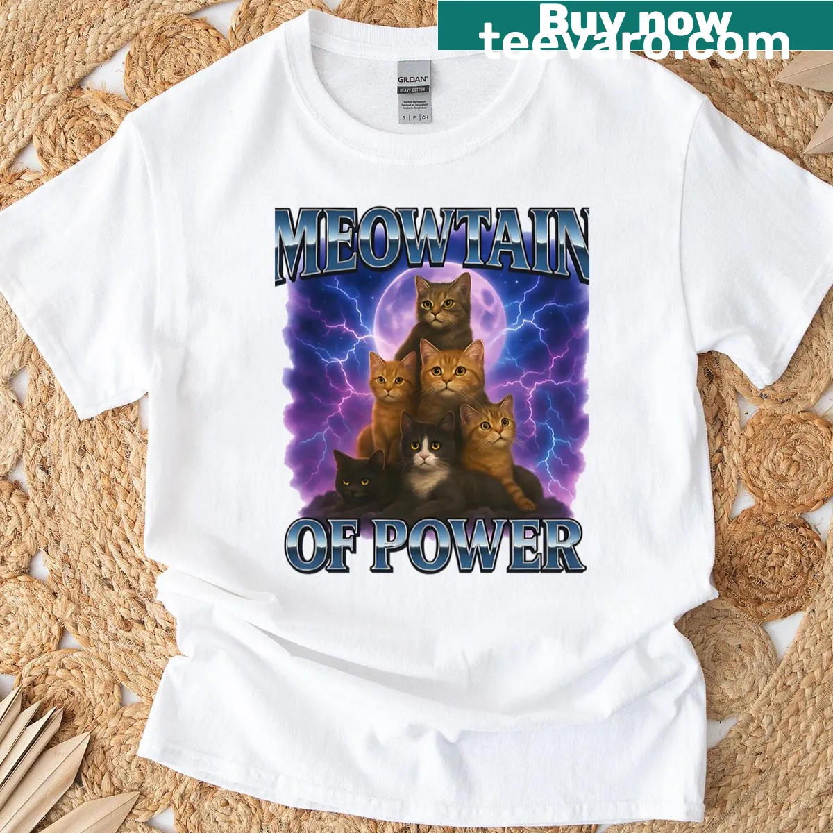 Funny cat t-shirt with 'Meowtain Of Power' illustration — on a men's t-shirt