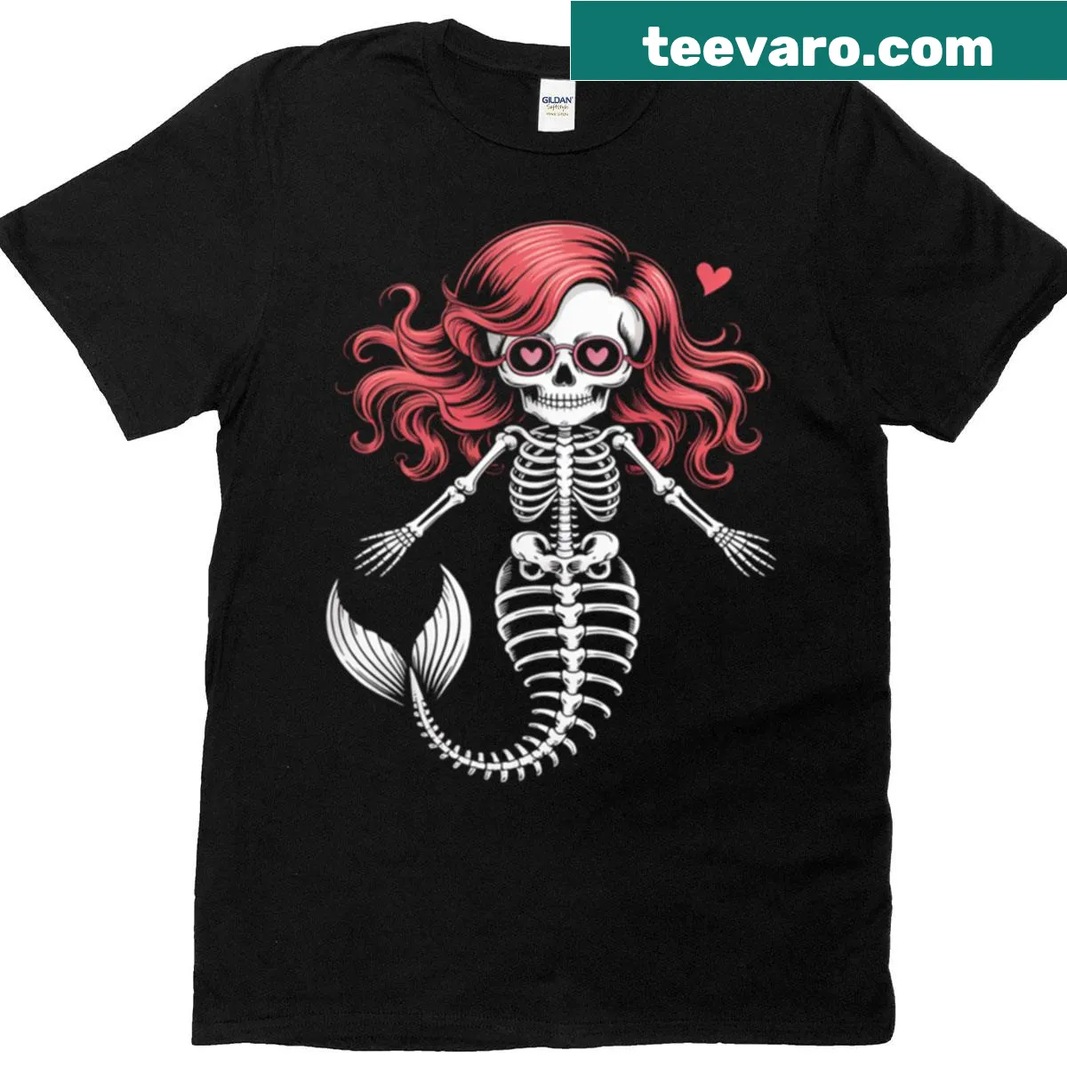 Gothic mermaid skeleton design with sugar skull features on t-shirt — on a men's t-shirt