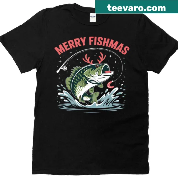 Whimsical illustration of a reindeer and bass on a Christmas-themed T-shirt