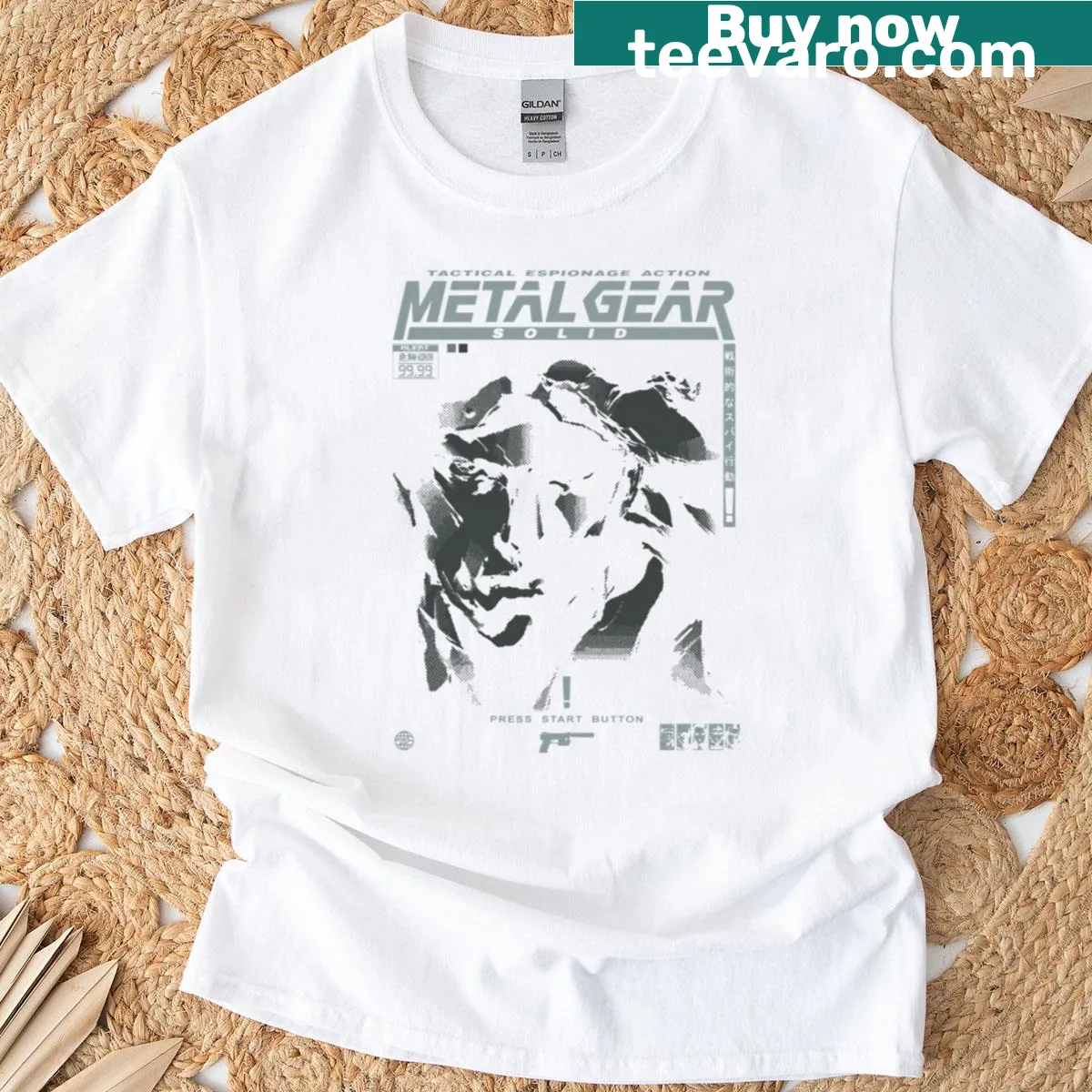 Silhouette of Snake from MGS1 on a minimalist blackout t-shirt — on a men's t-shirt