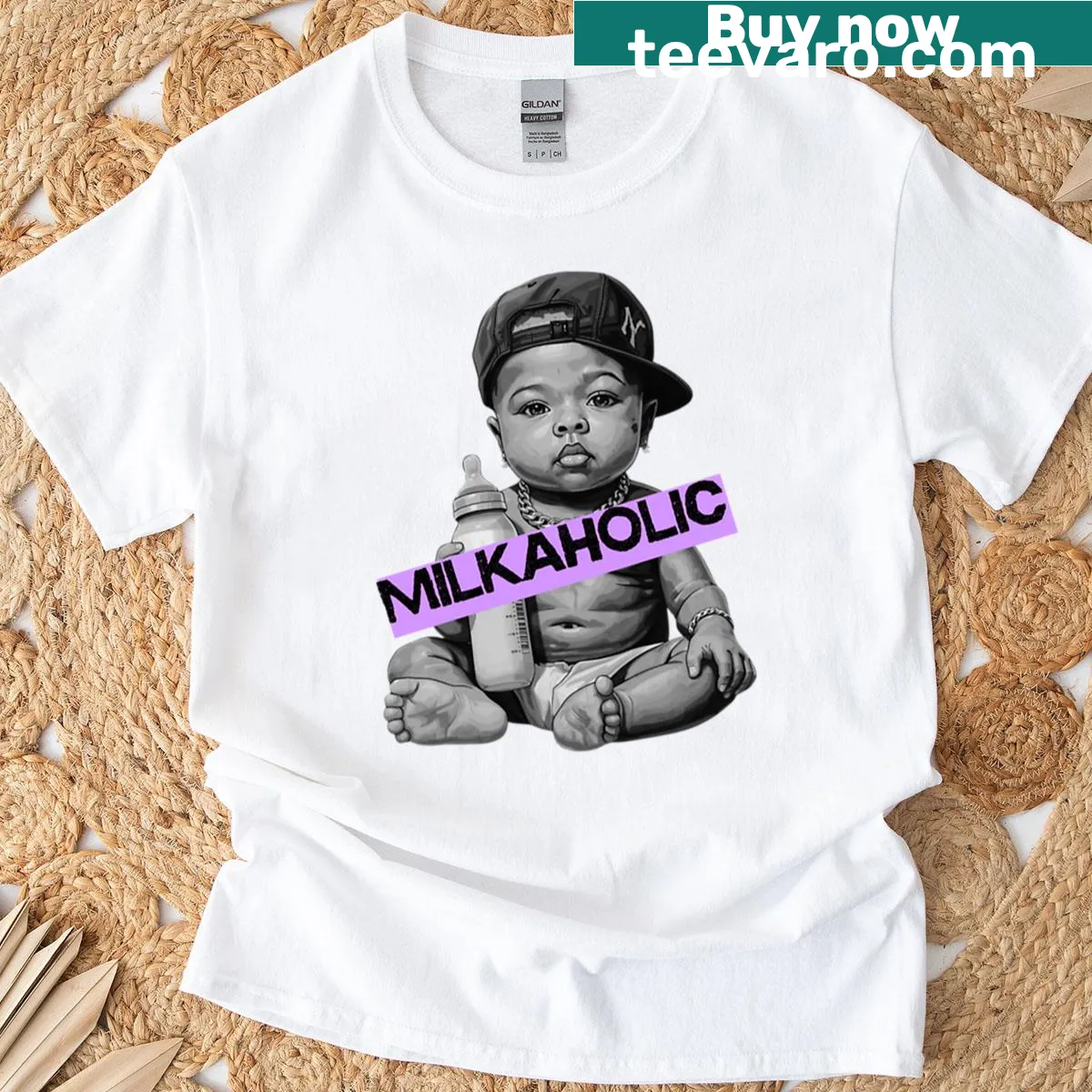 Funny gangsta baby graphic t-shirt in street art style — on a men's t-shirt