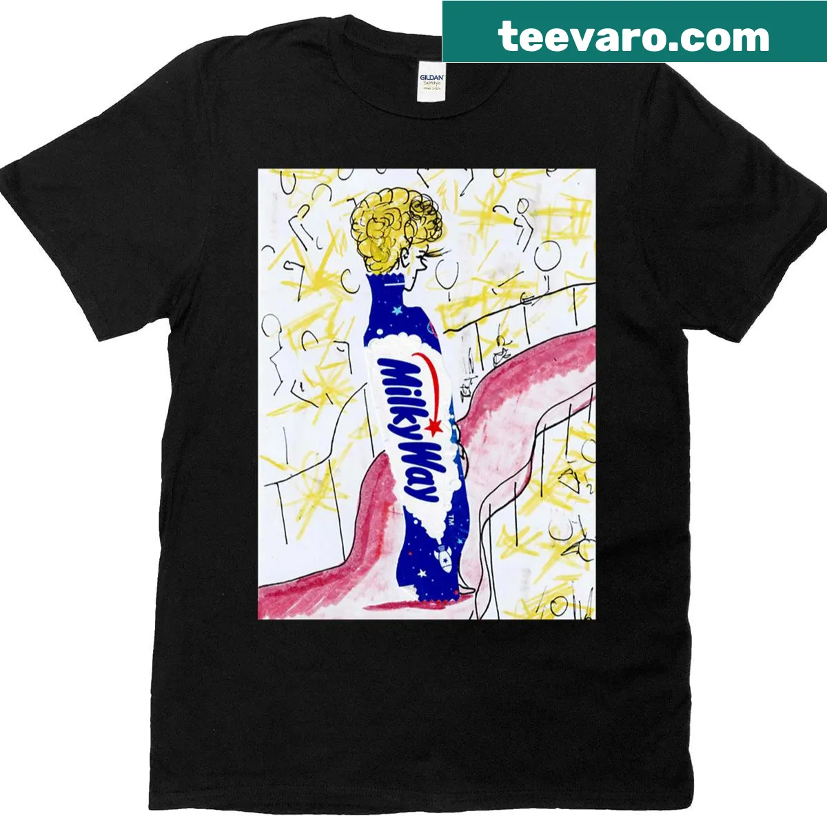 T-shirt featuring an illustrated Milky Way on a red carpet — on a men's t-shirt