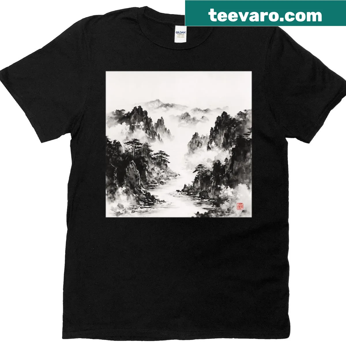 T-shirt featuring a serene Chinese ink landscape of mountains and a river — on a men's t-shirt