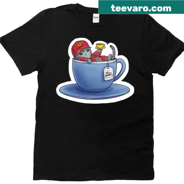 Playful cartoon scene of characters enjoying tea break on a shirt.
