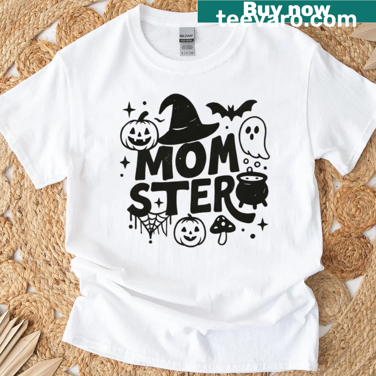 Funny oversized Halloween t-shirt for moms with ghosts and pumpkins — on a men's t-shirt
