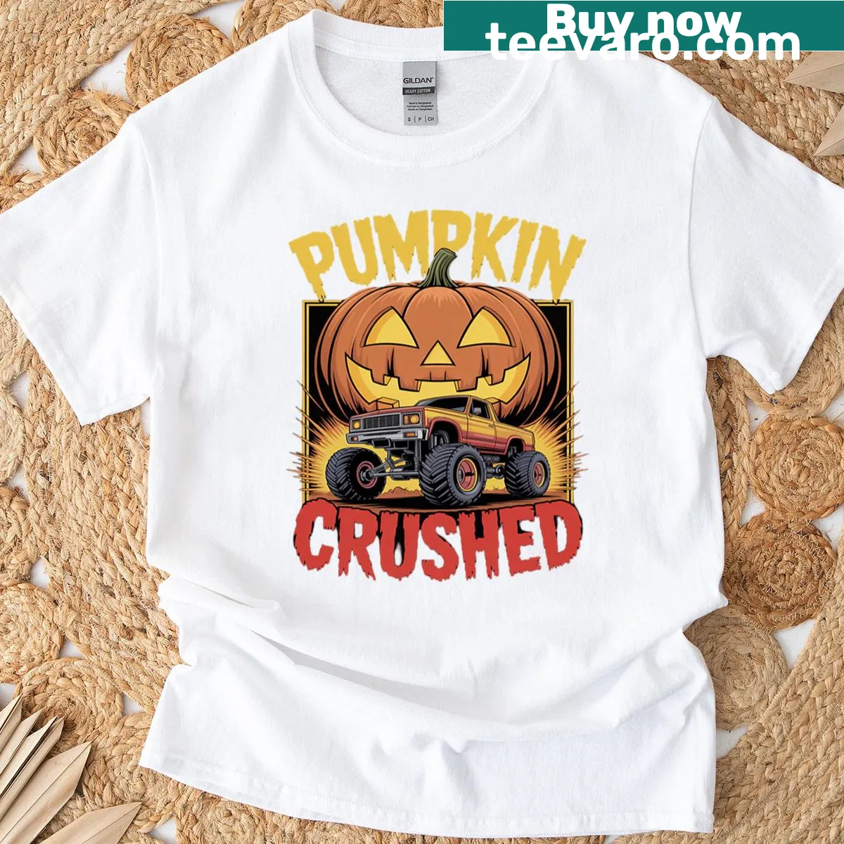 Monster truck Halloween tee with pumpkin-crushing design — on a men's t-shirt