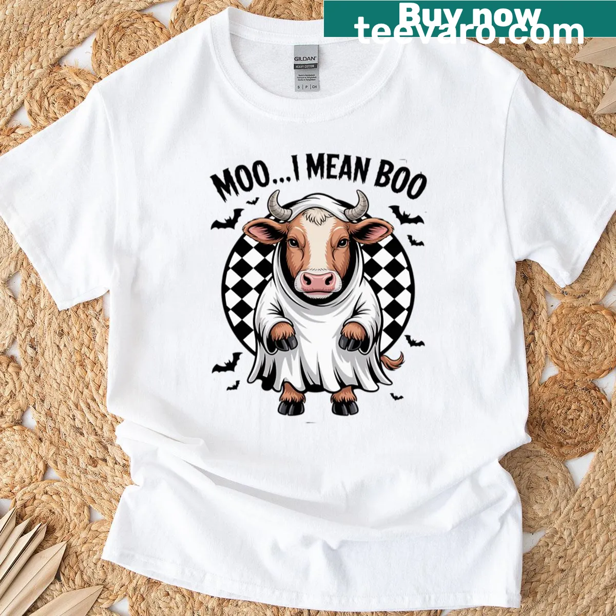 Vintage Highland cow Halloween t-shirt with ghostly theme and funny text. — on a men's t-shirt