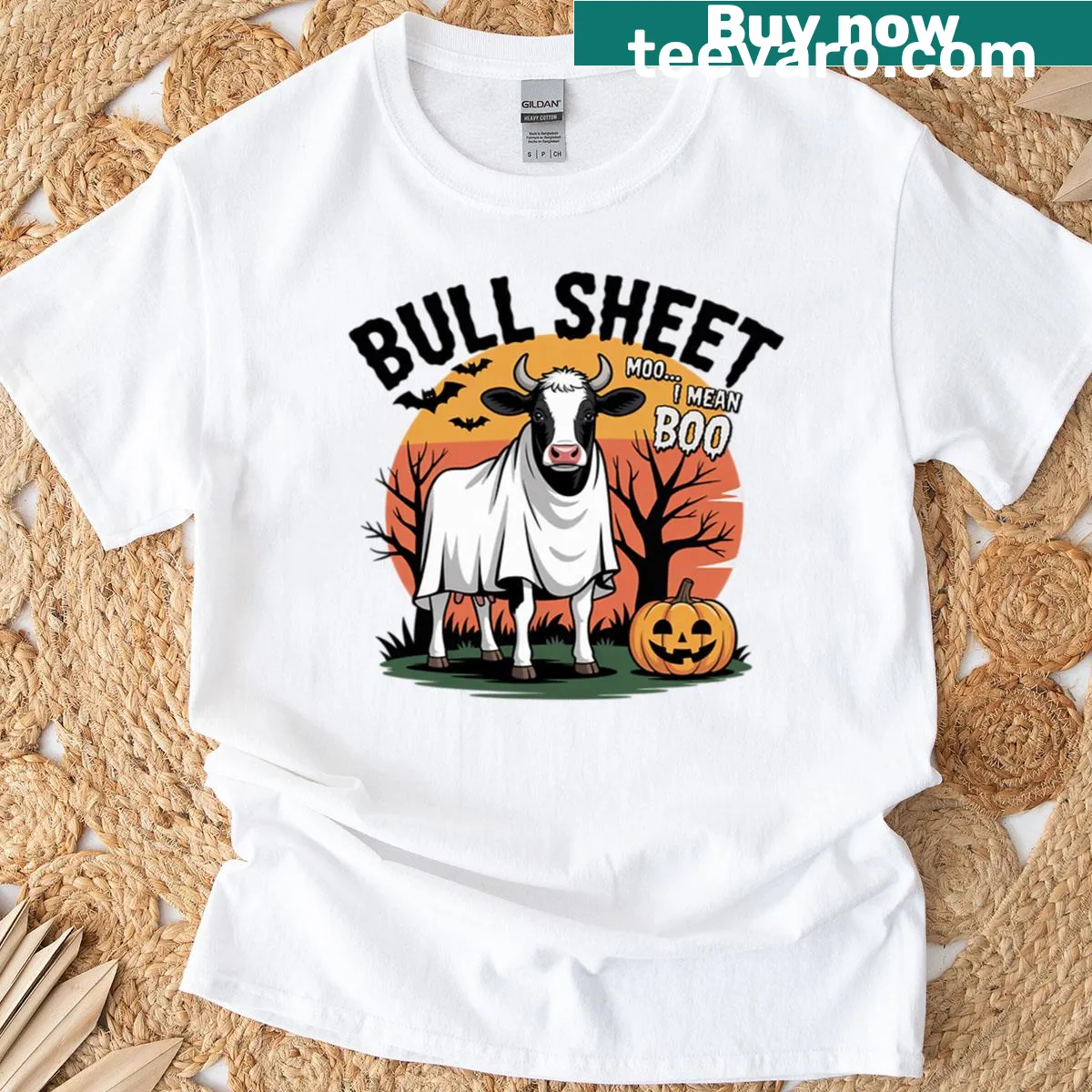 Vintage distressed Halloween shirt with a spooky cow graphic and humorous text — on a men's t-shirt