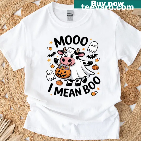 Cute cartoon cow ghost Halloween t-shirt with funny phrase.