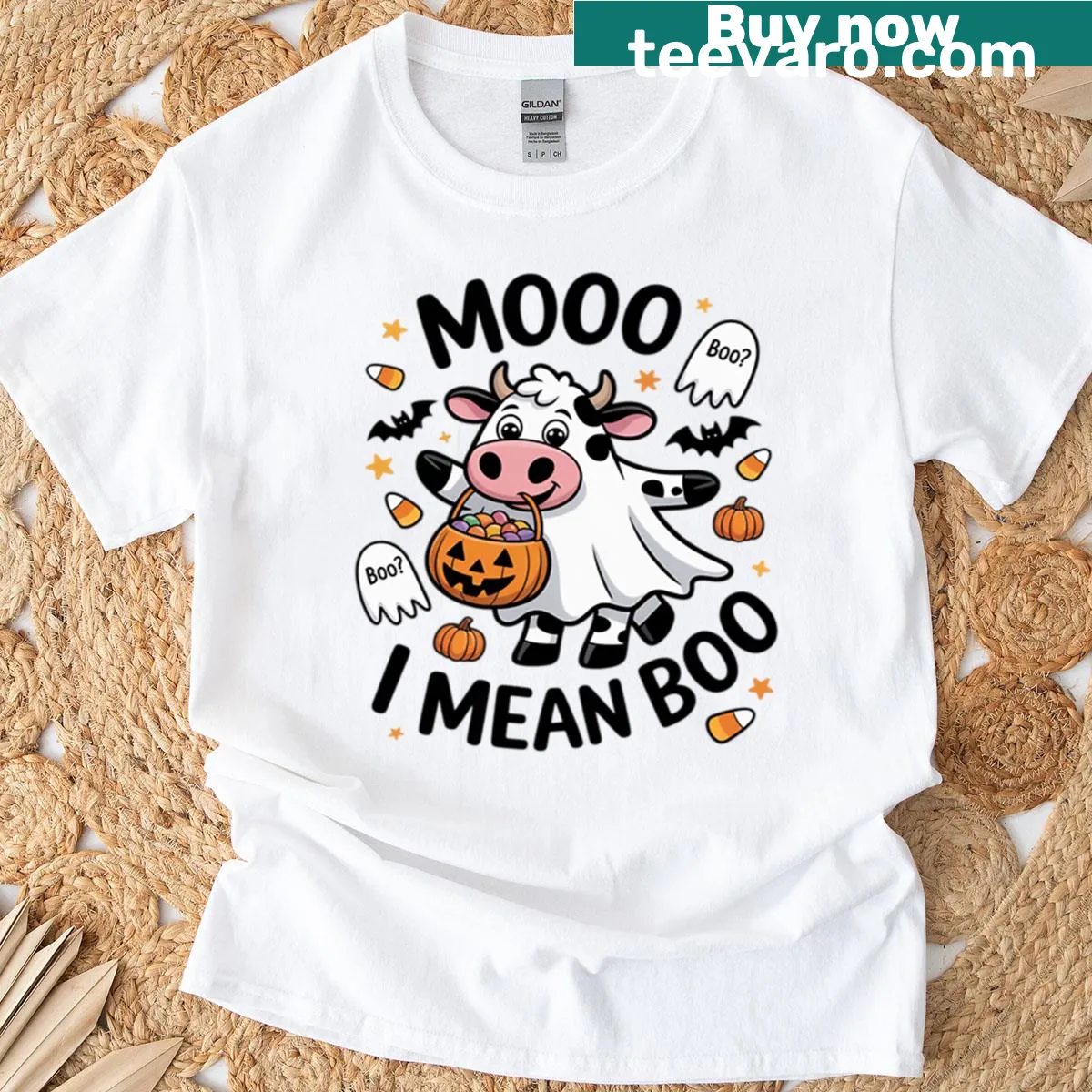 Cute cartoon cow ghost Halloween t-shirt with funny phrase. — on a men's t-shirt