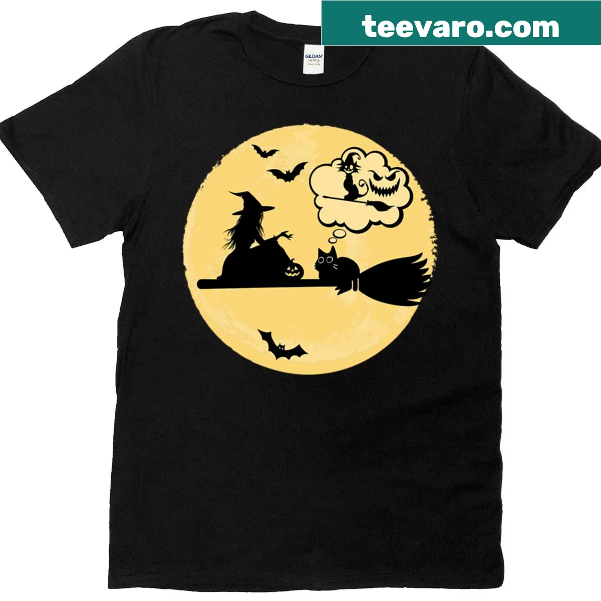 Illustration of a witch cat under the moon on a Halloween T-shirt. — on a men's t-shirt