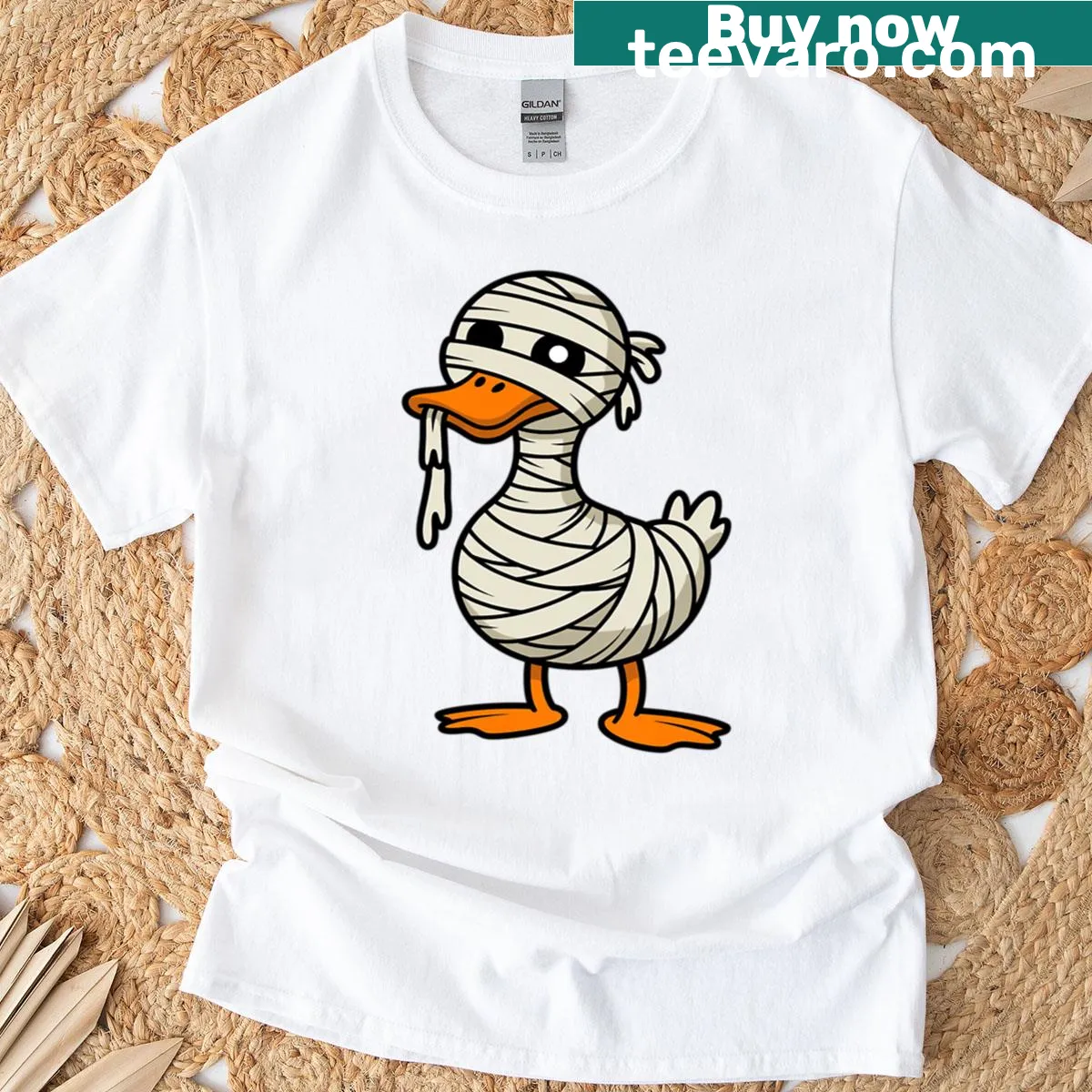 Cartoon mummy duck graphic on a Halloween t-shirt for boys. — on a men's t-shirt