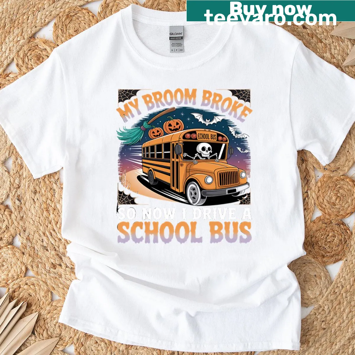 Funny Halloween teacher t-shirt with school bus design — on a men's t-shirt