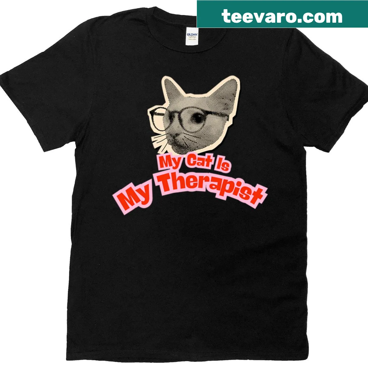 T-shirt featuring the phrase 'My Cat Is My Therapist' in stylish typography. — on a men's t-shirt