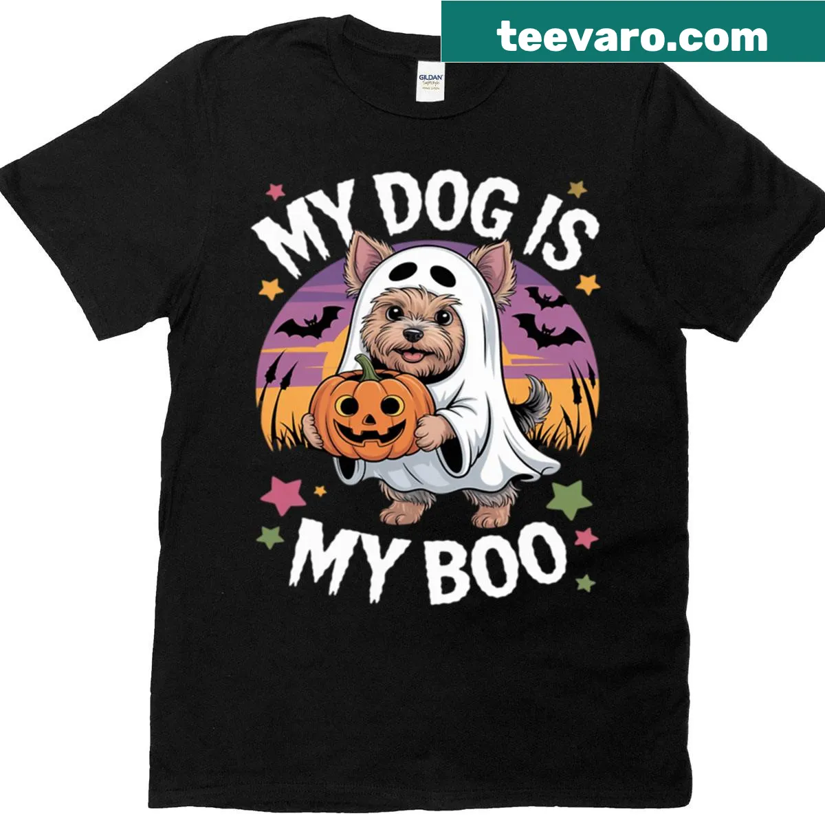 Halloween t-shirt with a cute ghost dog design — on a men's t-shirt