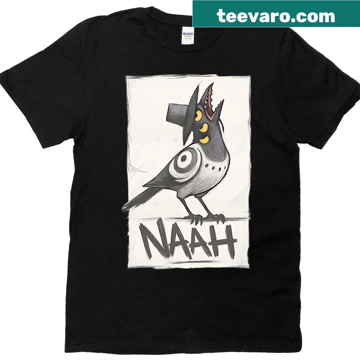 Limited edition T-shirt featuring a whimsical dark art design of a Naah Bird — on a men's t-shirt