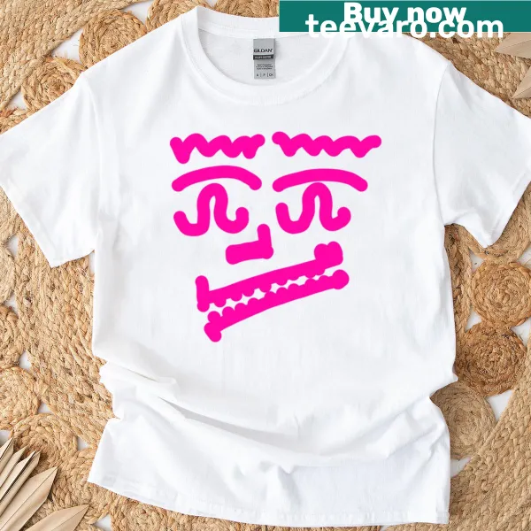 Neon pink abstract face design on a minimalist t-shirt