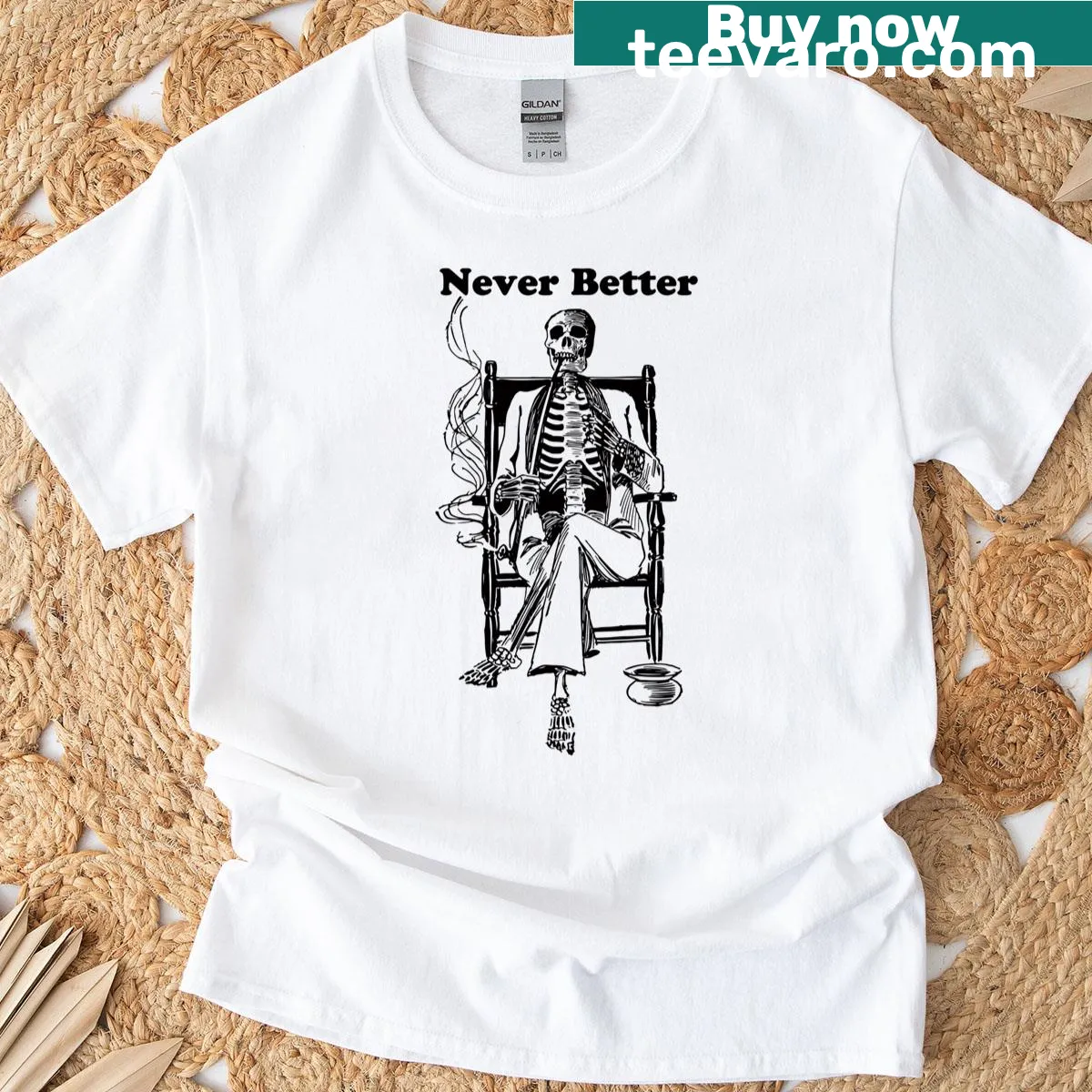Vintage Halloween skeleton graphic with pipe on a T-shirt — on a men's t-shirt