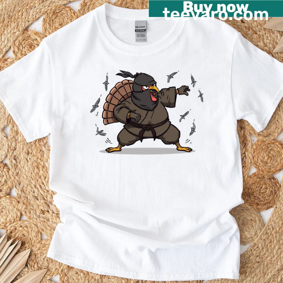 Funny oversized T-shirt featuring a ninja turkey design for Thanksgiving — on a men's t-shirt