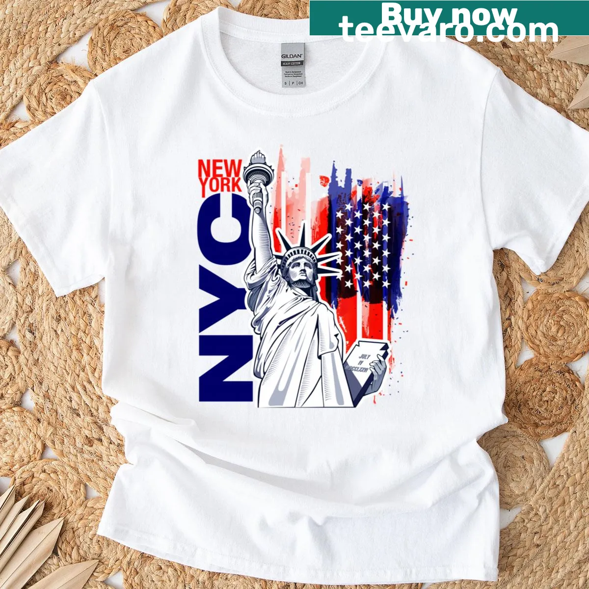 T-shirt featuring NYC Statue of Liberty and USA flag illustration — on a men's t-shirt