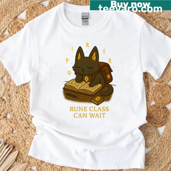 Playful t-shirt with a fantasy graphic and text about rune class
