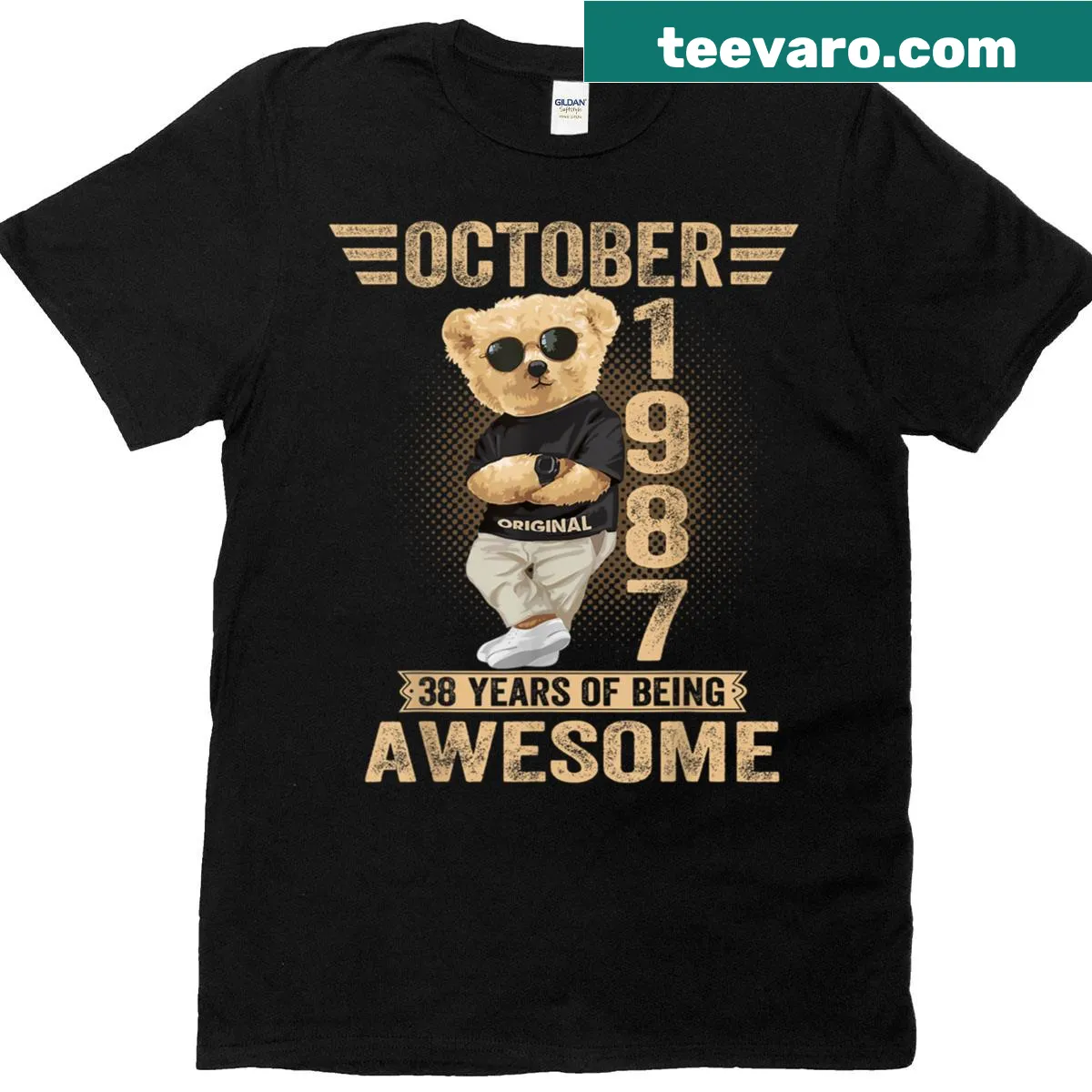 Teddy bear graphic T-shirt for 38th birthday celebration — on a men's t-shirt
