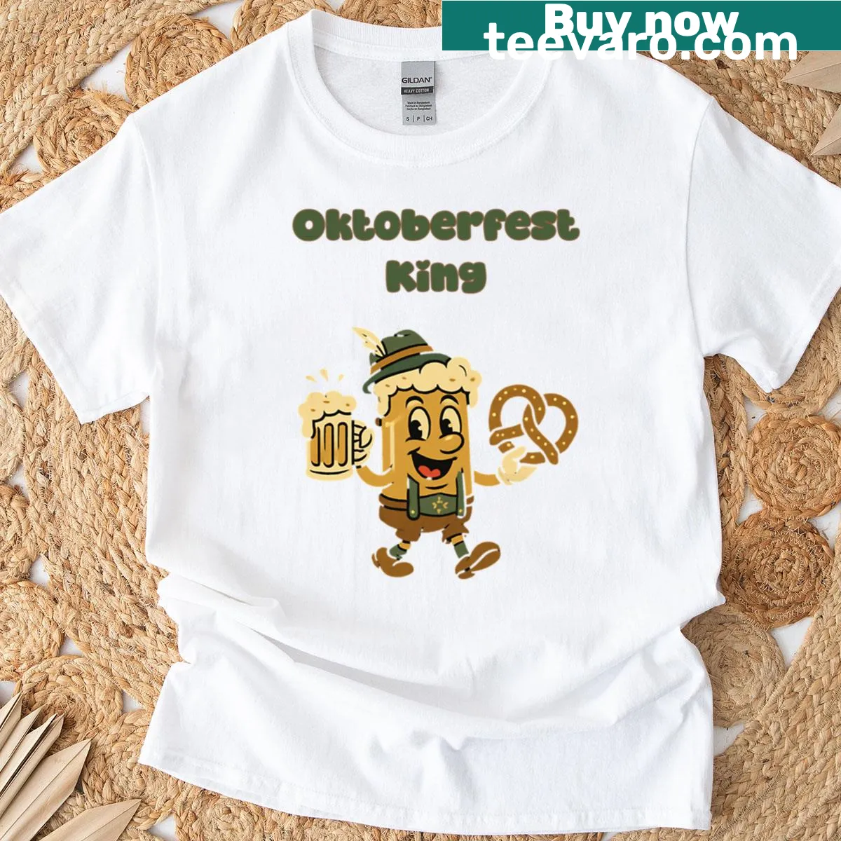 Oktoberfest-themed T-shirt with beer fest legend graphic — on a men's t-shirt