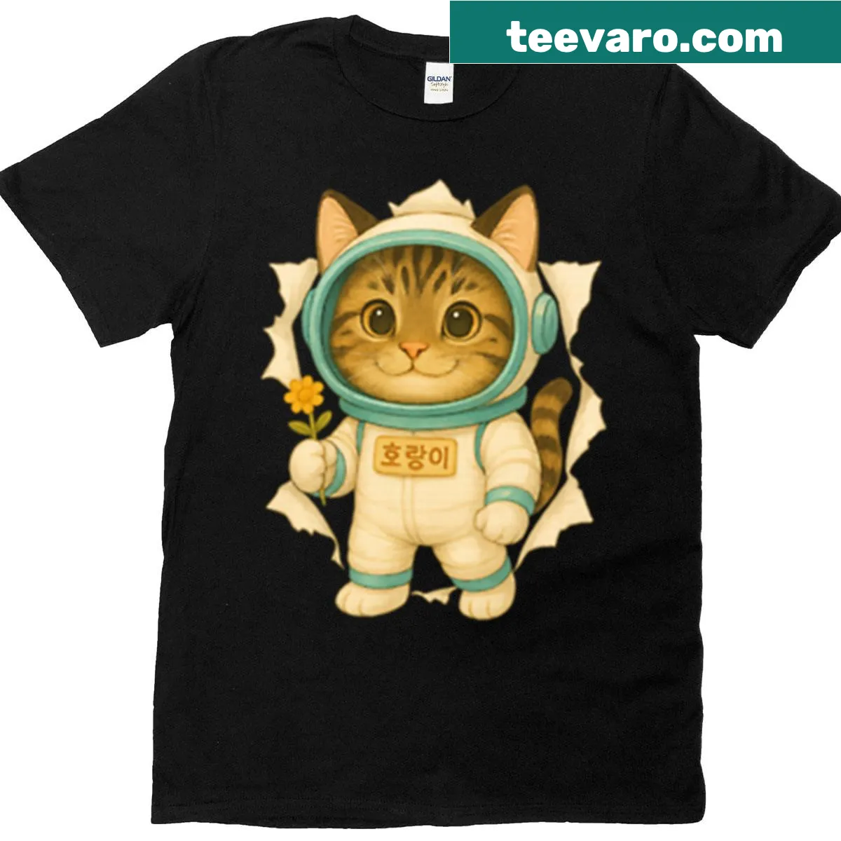 Illustration of a cat imagining itself as a space explorer — on a men's t-shirt