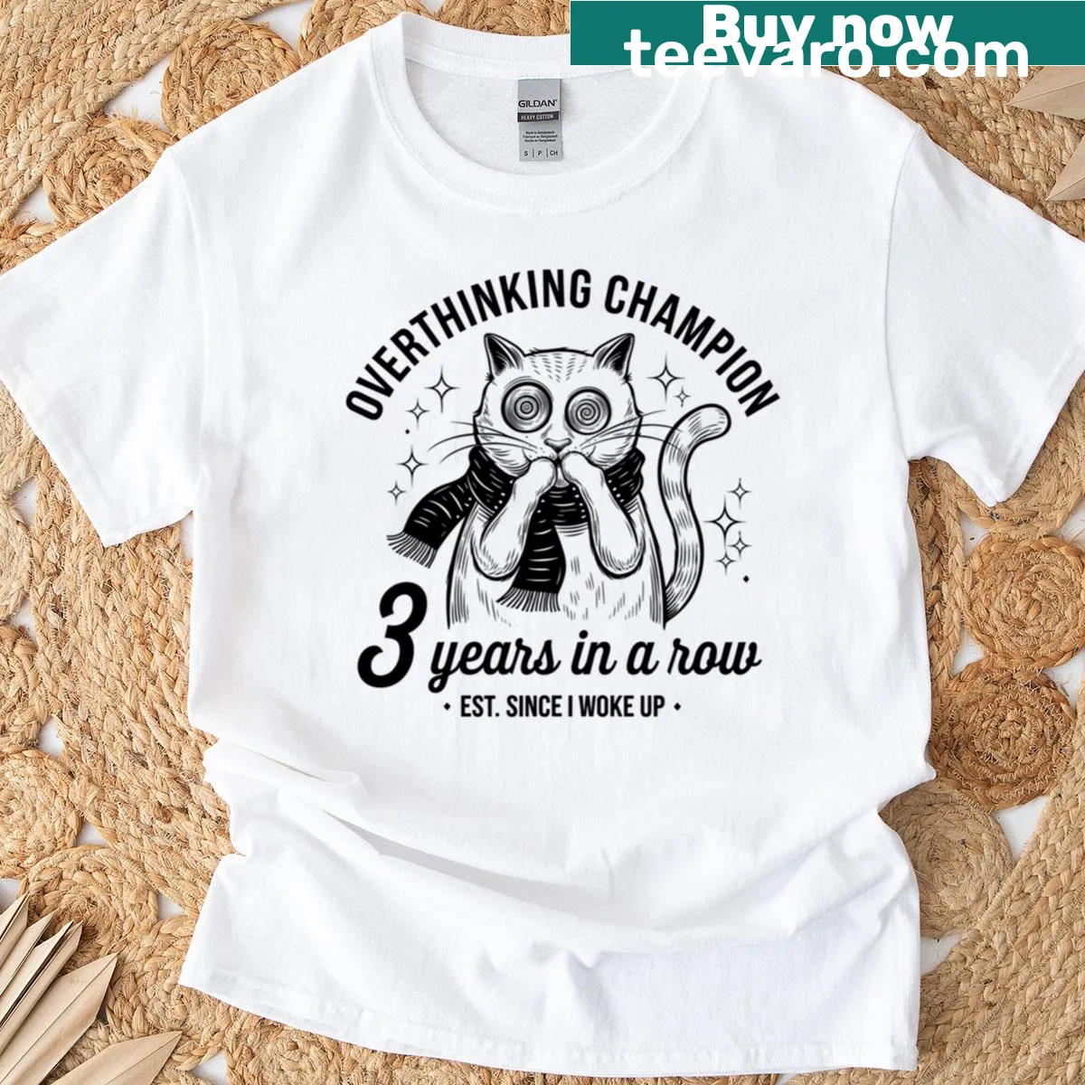 Funny typography shirt declaring Overthinking Champion for three years — on a men's t-shirt