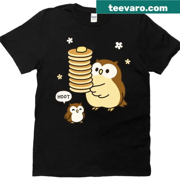 Cute t-shirt with owls enjoying pancakes illustration
