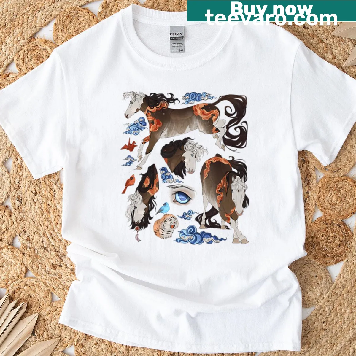 Illustration of a Rabicano horse with clouds on a t-shirt — on a men's t-shirt