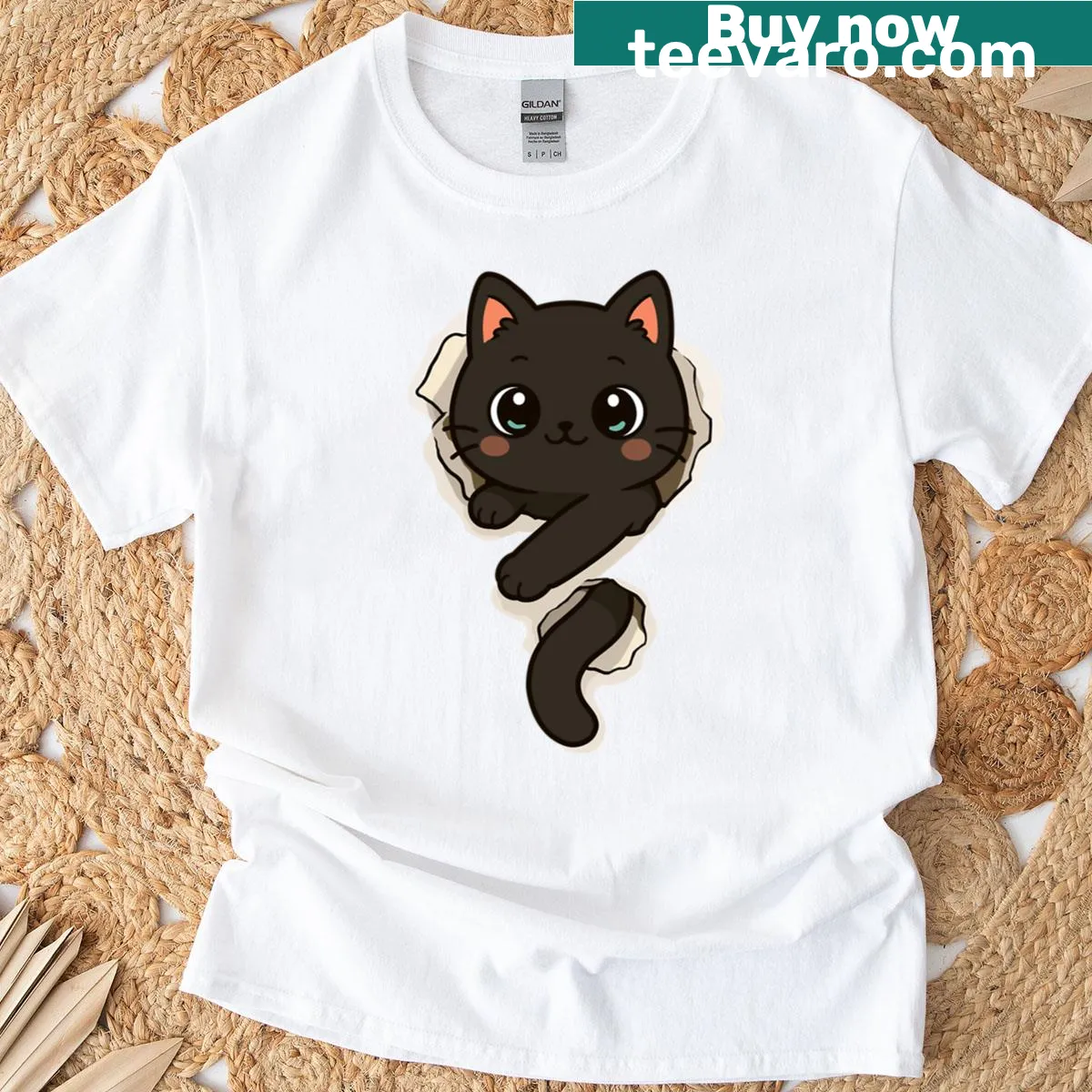 Cartoon cat graphic on a T-shirt taking a break — on a men's t-shirt