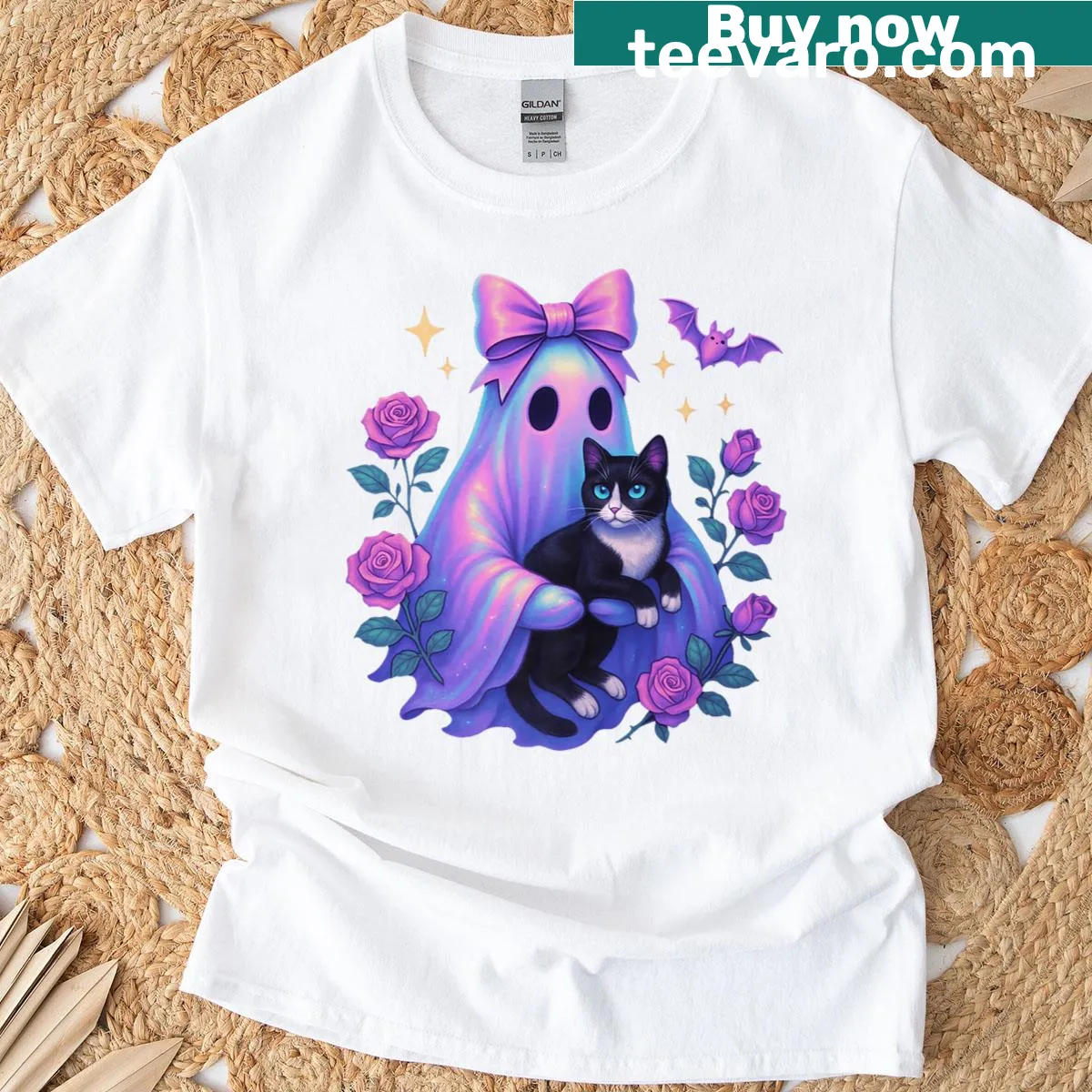 Spooky ghost with a cat, roses, and bow in pastel illustration — on a men's t-shirt