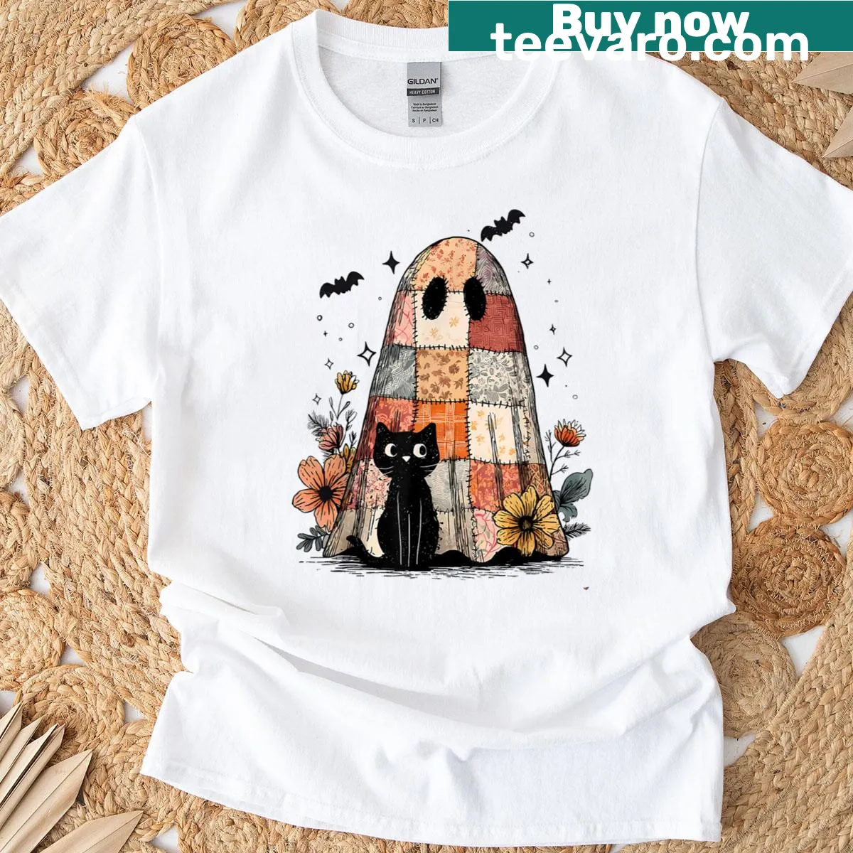 Patchwork ghost holding a black cat in a fun design — on a men's t-shirt