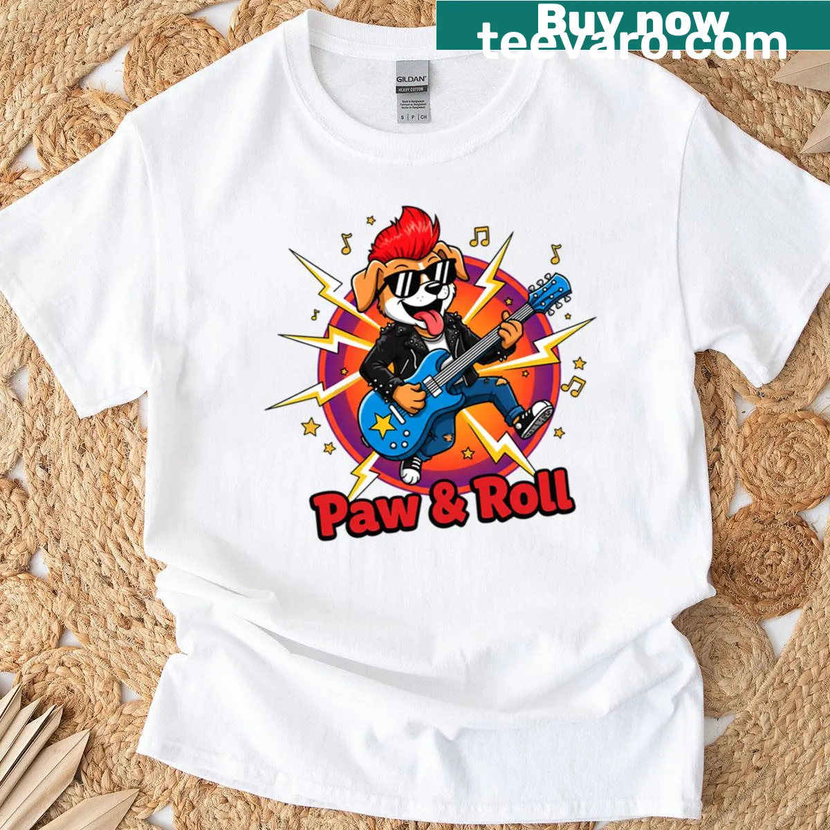 Dog playing guitar graphic on oversized tee — on a men's t-shirt