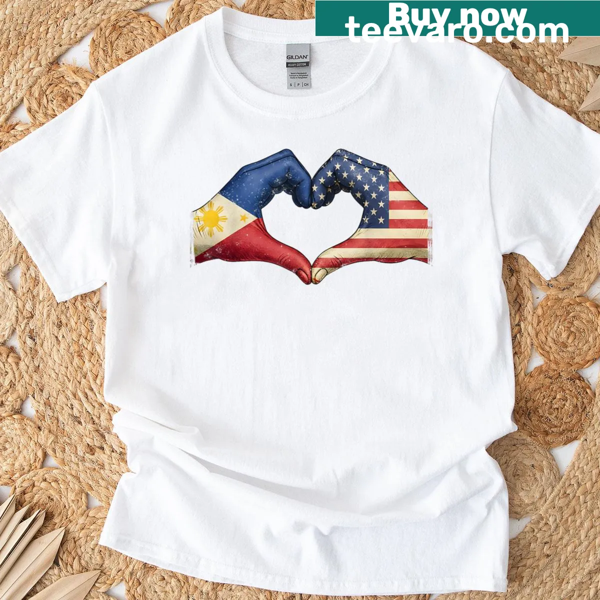 Vintage heart hands design featuring Philippines and USA flags on a t-shirt — on a men's t-shirt