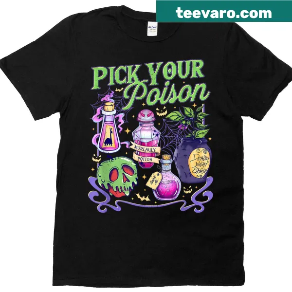Vintage-style Halloween t-shirt with 'Pick Your Poison' text