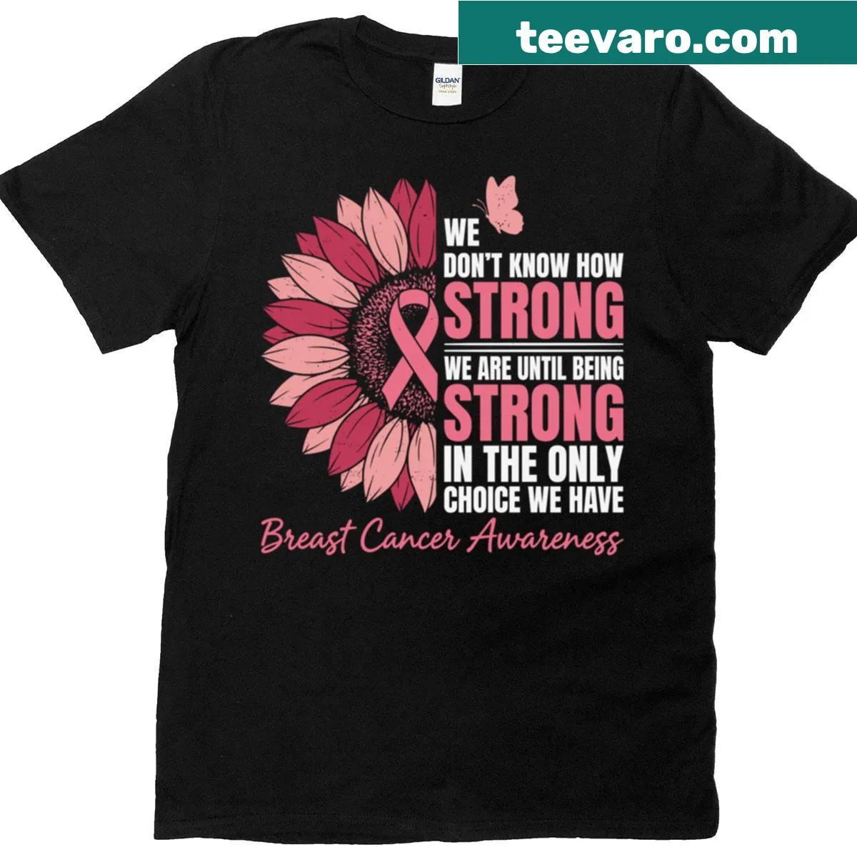 Typographic design with a pink flower and inspirational quote for breast cancer awareness — on a men's t-shirt