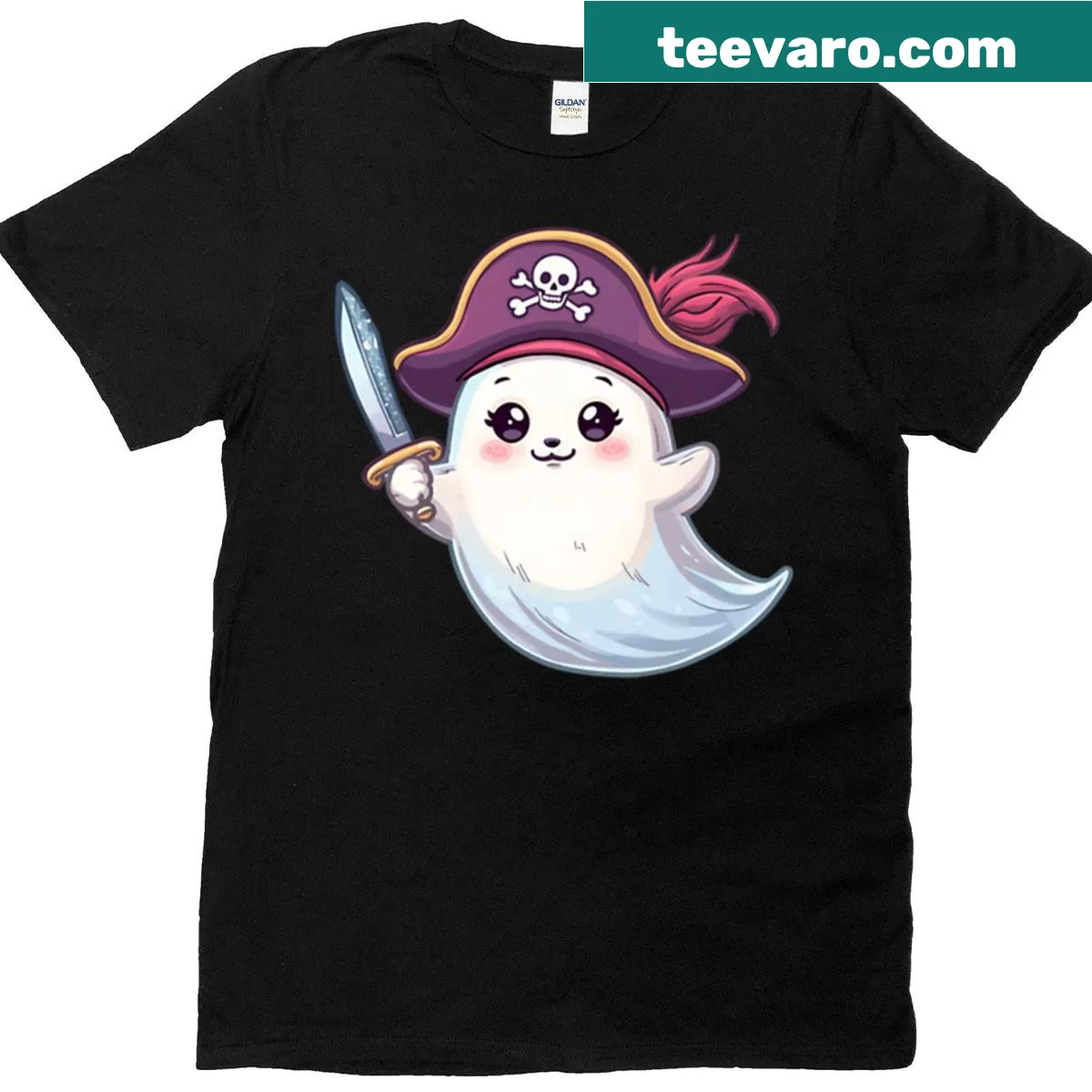 Cartoon ghost captain T-shirt for Halloween with cute design — on a men's t-shirt