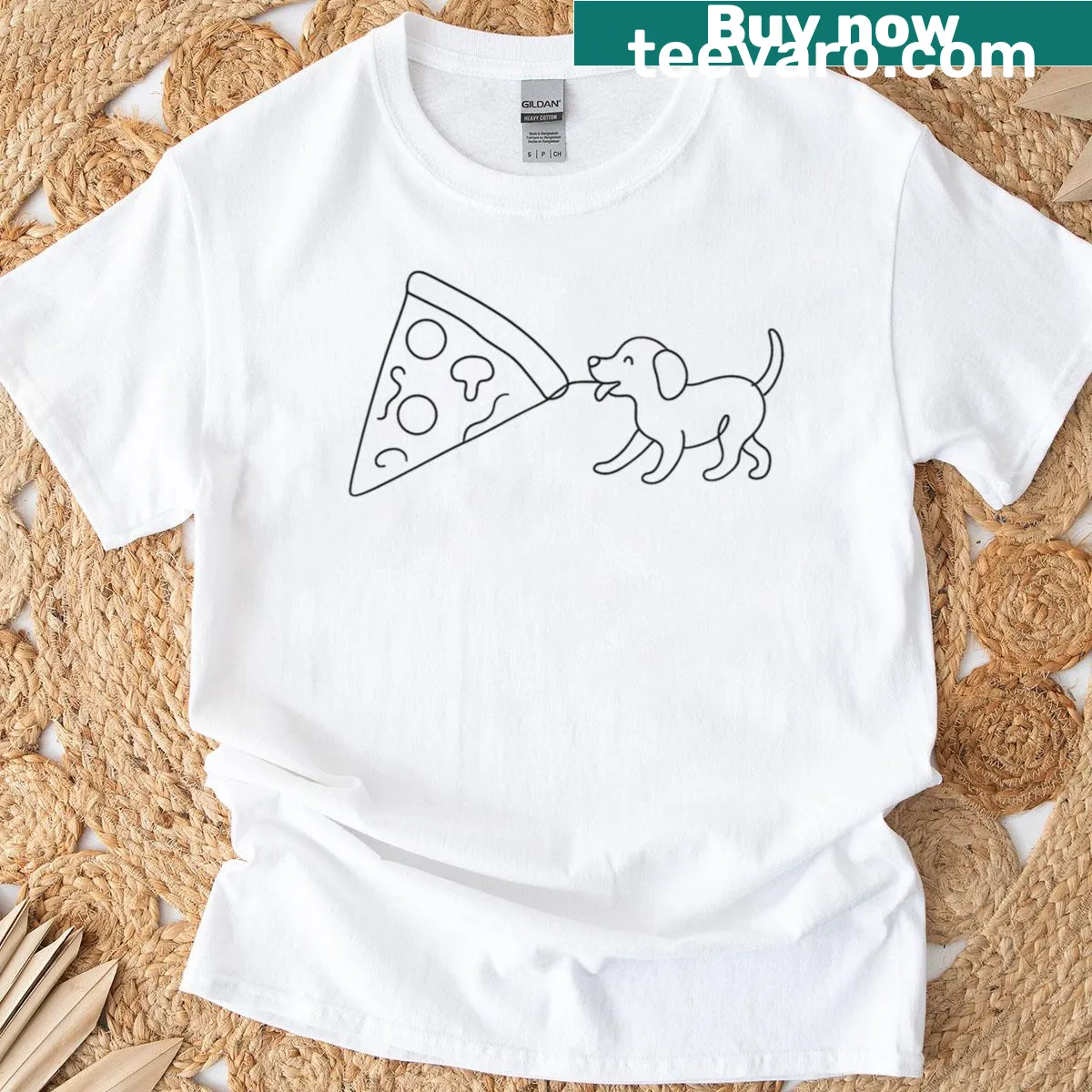 Cartoon puppy holding a slice of pizza graphic on a T-shirt — on a men's t-shirt