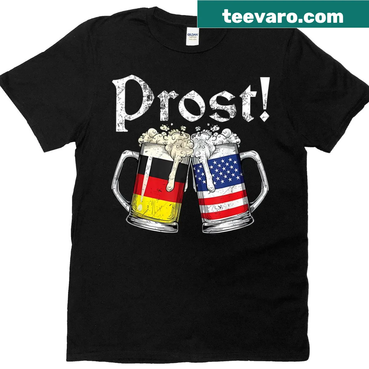 T-shirt featuring the word 'Prost' and a beer mug design — on a men's t-shirt