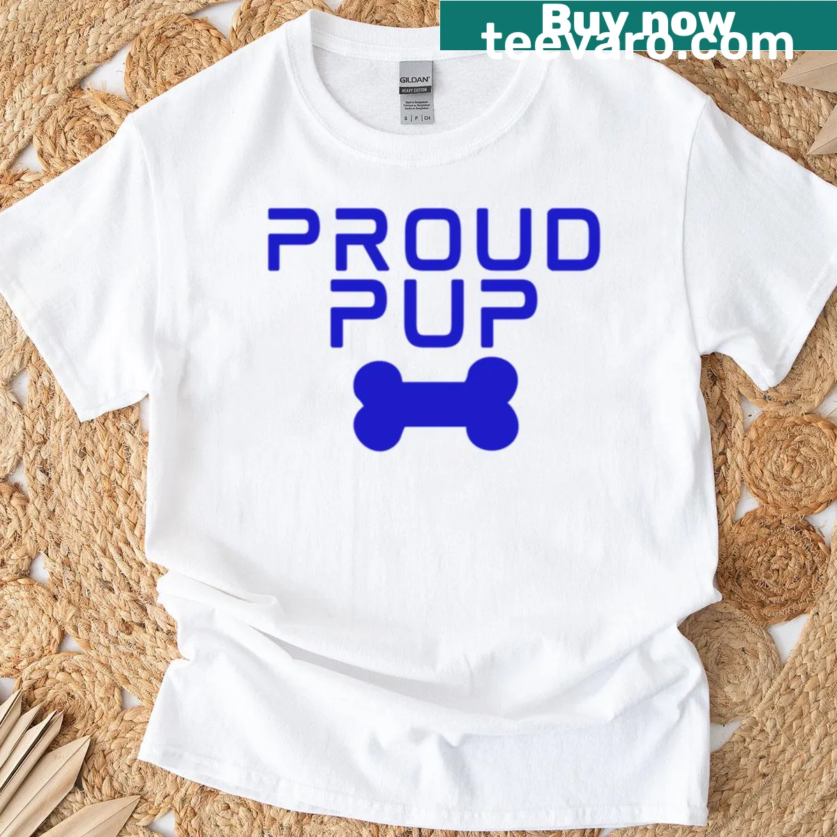 Whimsical dog graphic t-shirt with cartoon pup and bone — on a men's t-shirt