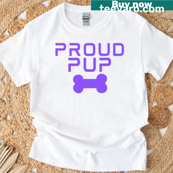 Cute purple t-shirt featuring a dog holding a bone graphic