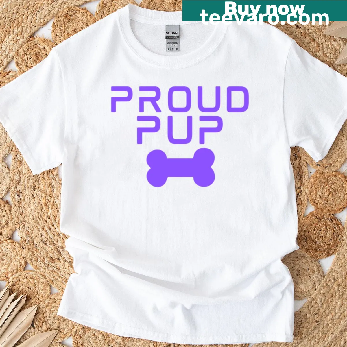 Cute purple t-shirt featuring a dog holding a bone graphic — on a men's t-shirt