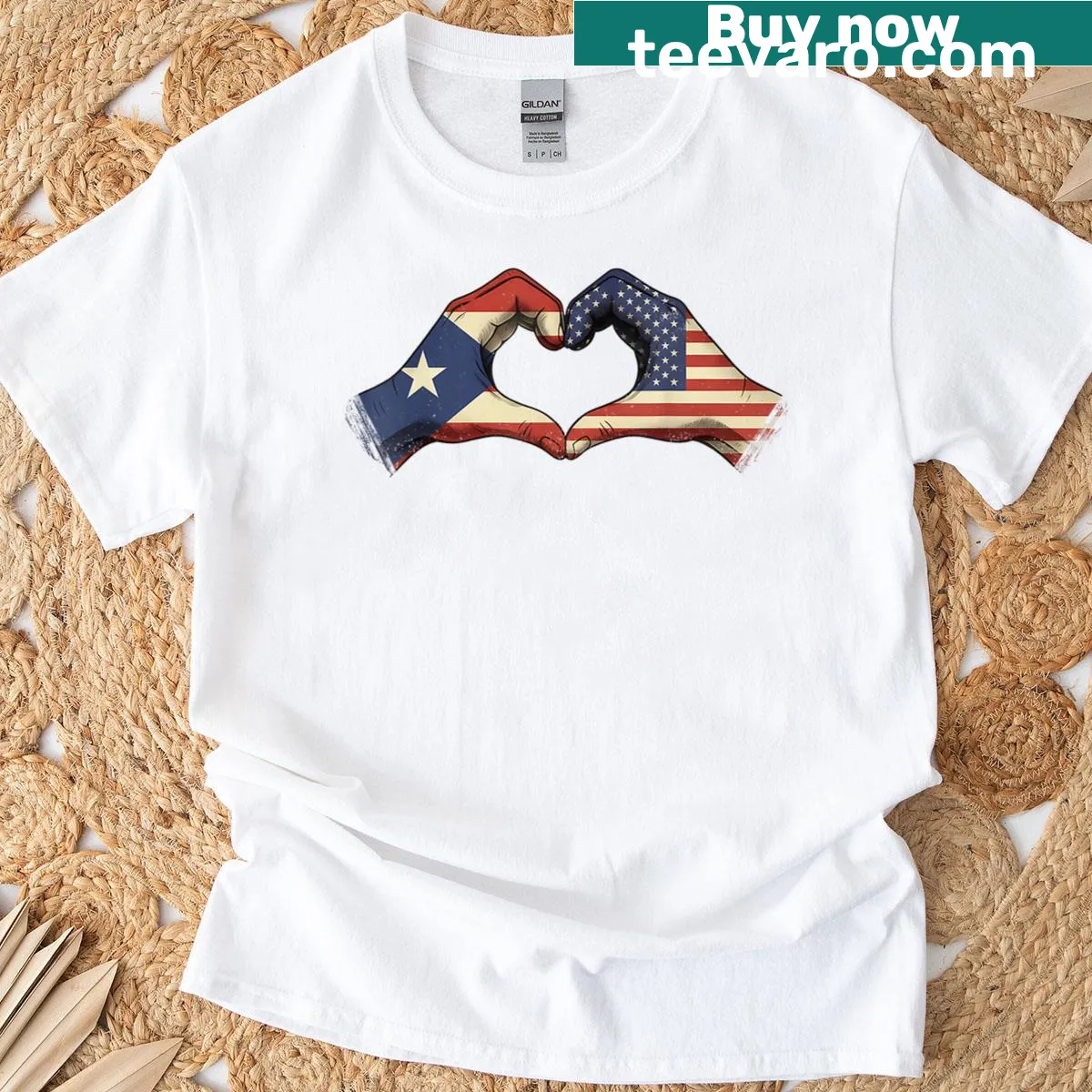 Vintage-style t-shirt with heart hands design showing Puerto Rico and USA love — on a men's t-shirt