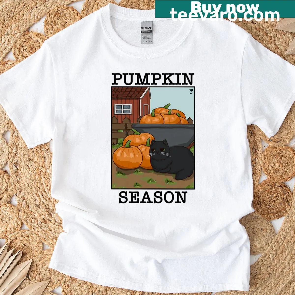 Whimsical black cat among pumpkins graphic. — on a men's t-shirt