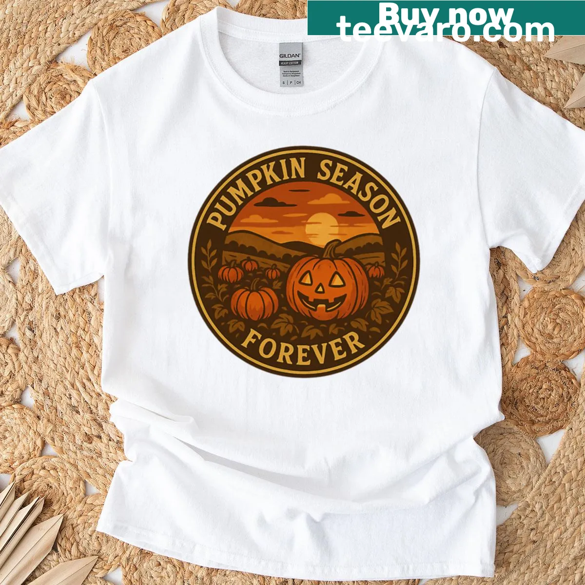 Retro autumn badge design celebrating pumpkin season — on a men's t-shirt